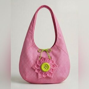 Hand SwenPink Polka Dot Women's Bag with Floral Accent